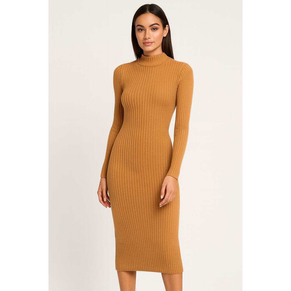 Nasty Gal Women’s Mockneck Ribbed Long Sleeve Midi Sweater Dress Brown Size 2